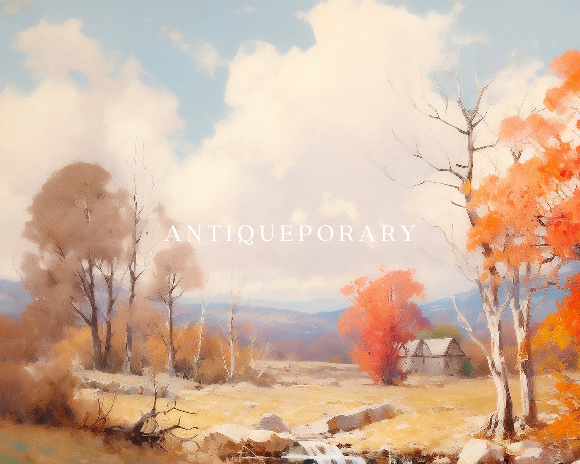 Autumn Creek Landscape with Red Trees Waterfall and Barn Poster - Image 3