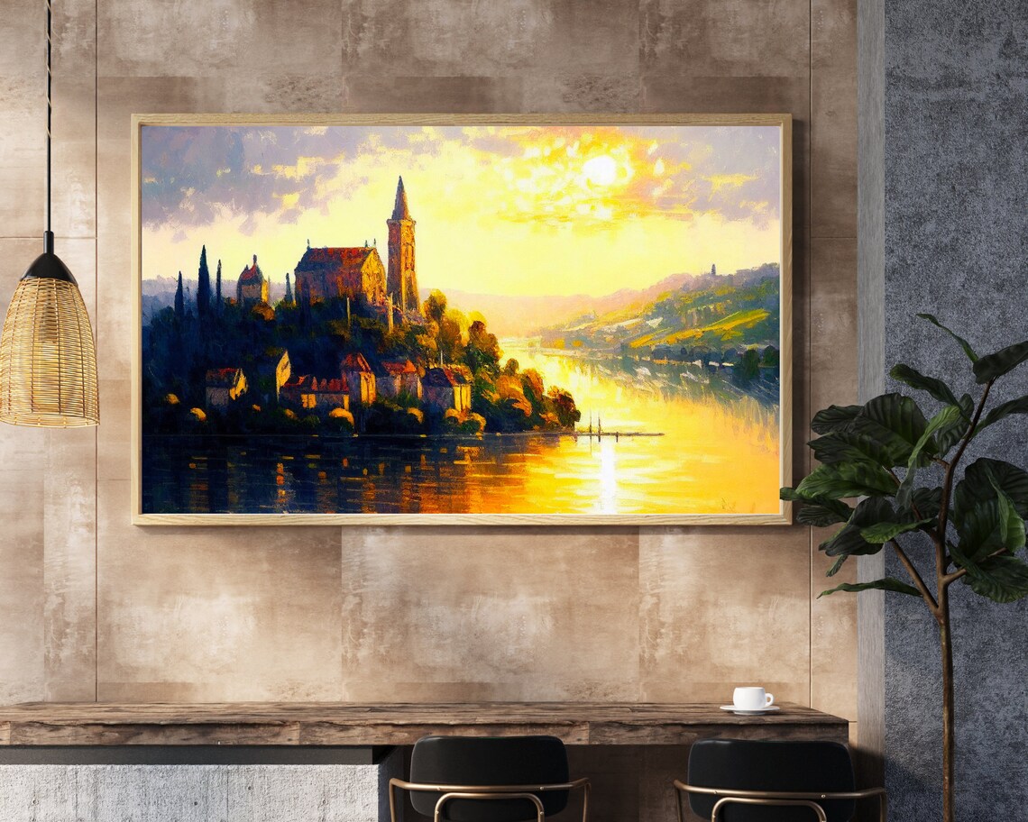 Sunset Hilltop Town Church Lake Golden Reflections Landscape Poster - Image 7