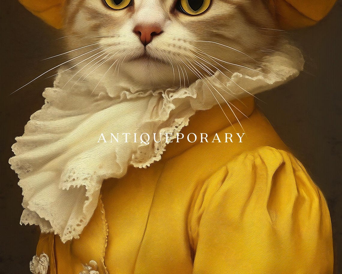 Golden Yellow Floral Hat Lady Cat Victorian Portrait Wall Art - Image 2