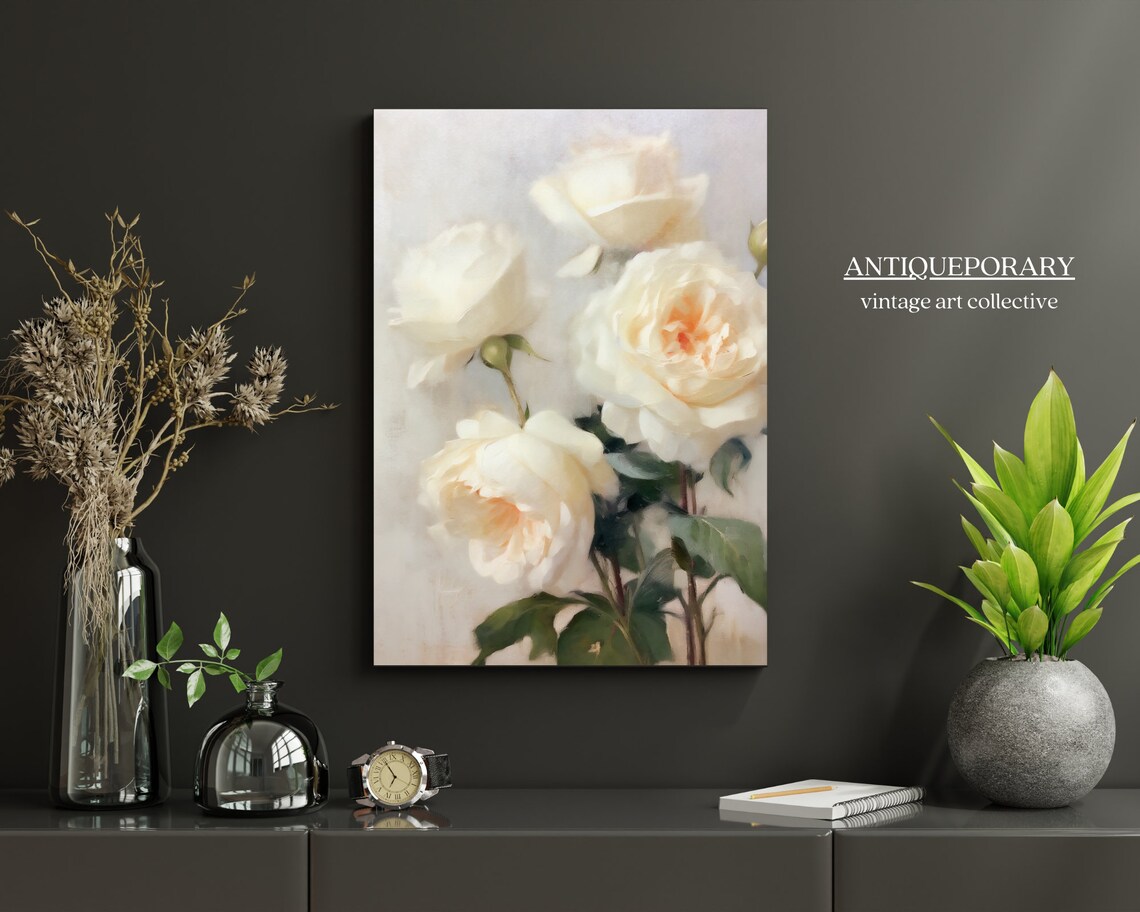 Cream White Roses Close Up Soft Neutral Floral Painting Poster - Image 5