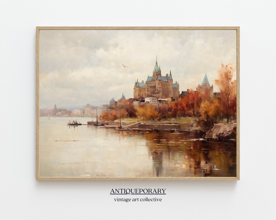 Grand Chateau Riverbank Autumn Foliage Vintage Cityscape Poster