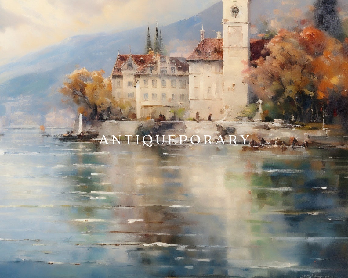 Vintage French Landscape Oil Painting Lake Village Landscape Print Antique Country Painting Rustic Artwork - Image 2