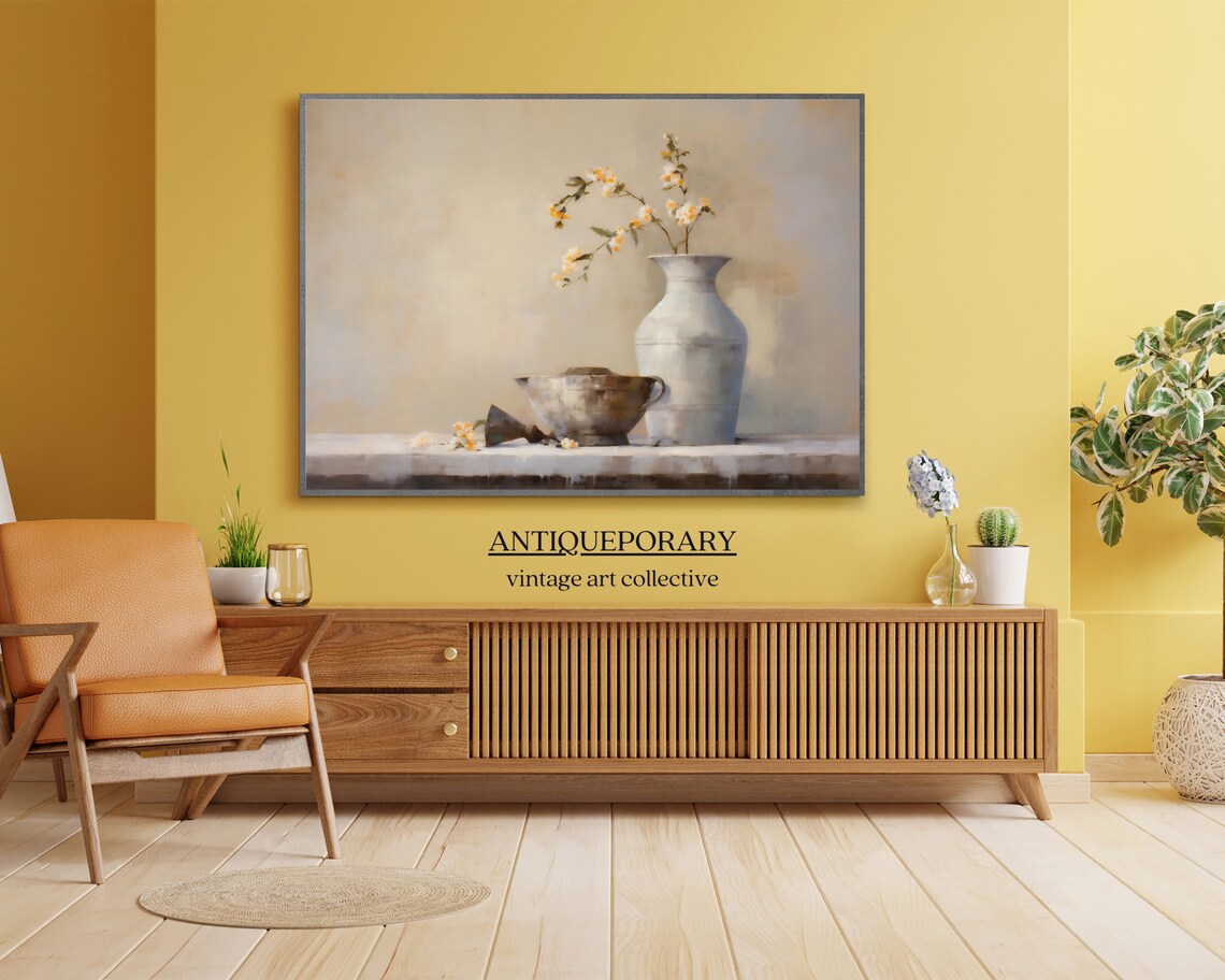Soft Neutral Still Life White Vase Blossoms Vintage Beige Art Poster - Image 2