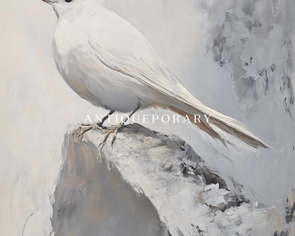 White Bird on Rock Muted Minimalist Vintage Bird Painting Poster - Image 2