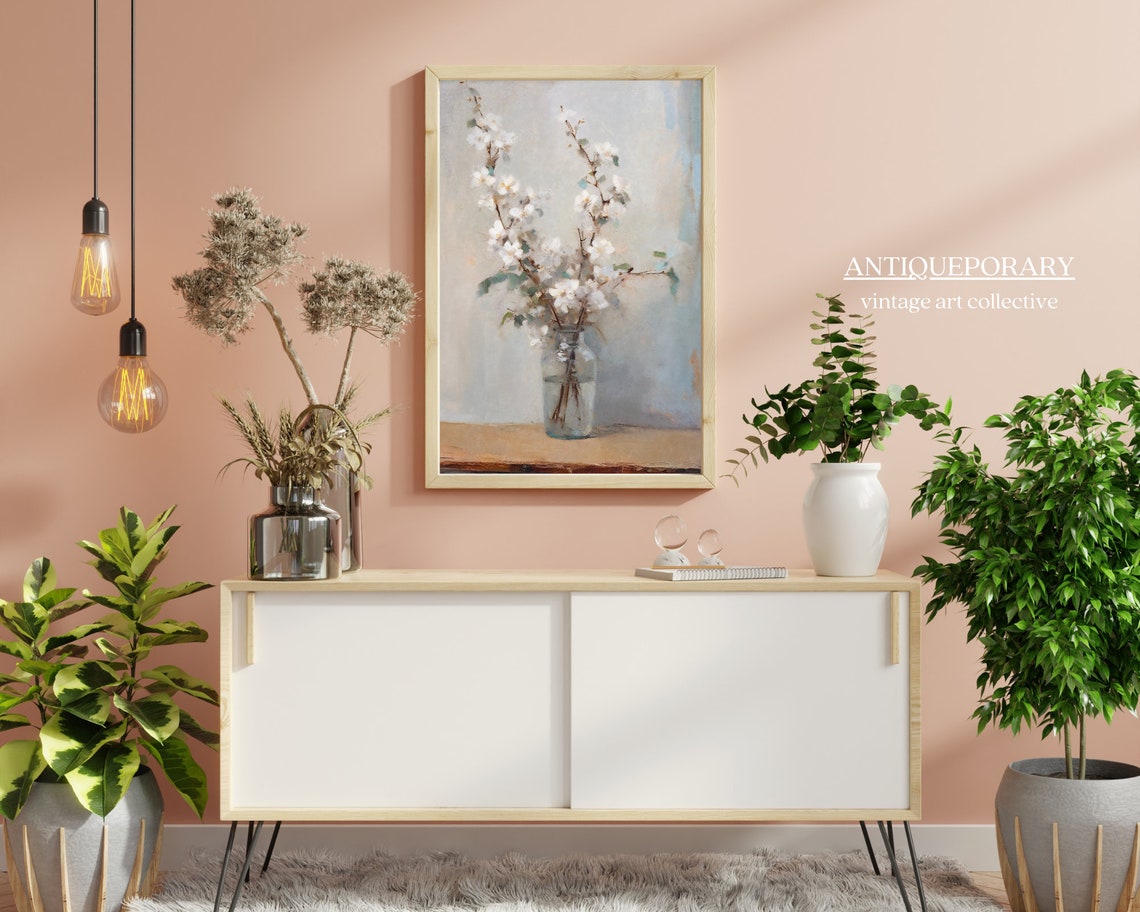 White Blossom Branches in Glass Jar Soft Neutral Still Life Print - Image 5