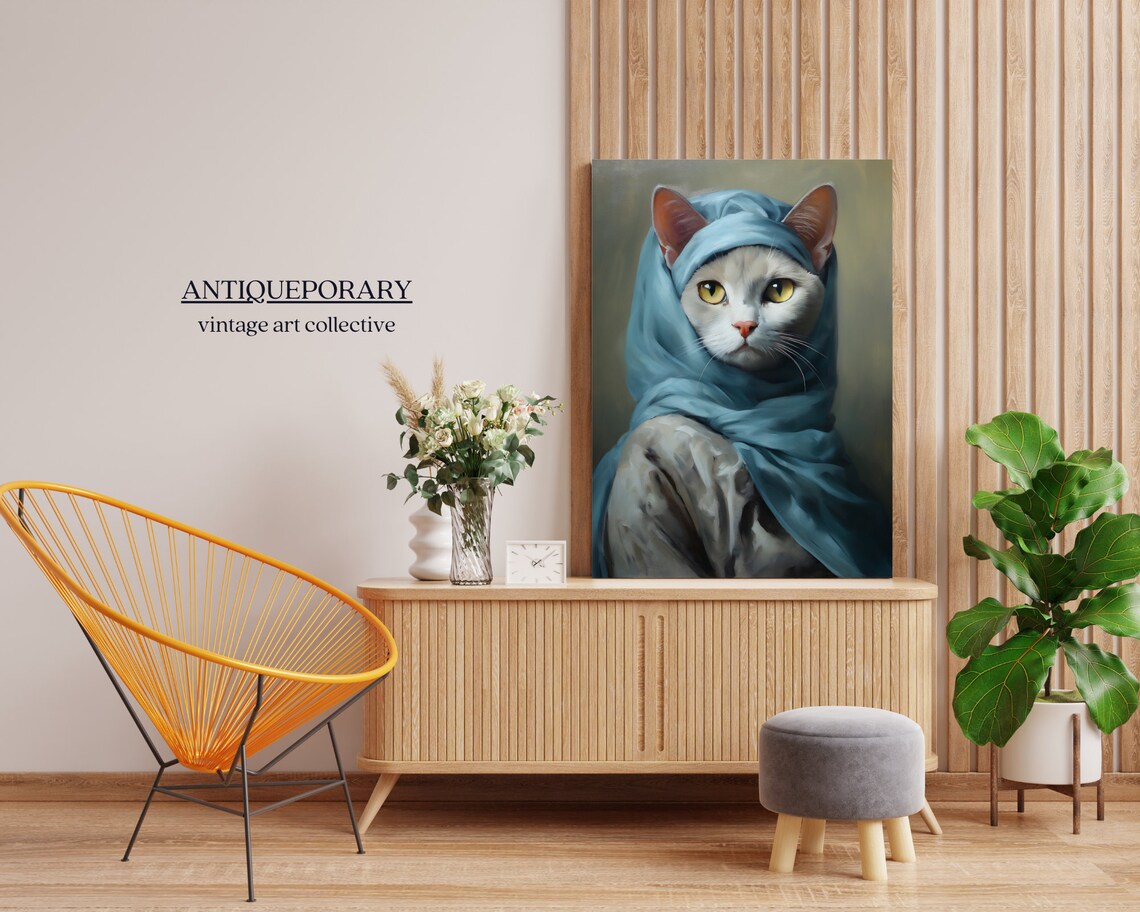 White Cat Blue Headscarf Victorian Lady Portrait Vintage Animal Poster - Image 4