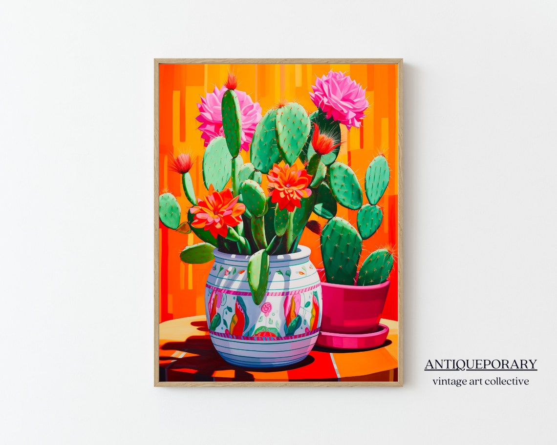 Bold Blooming Mexican Cactus Still Life Colorful Pop Art Poster