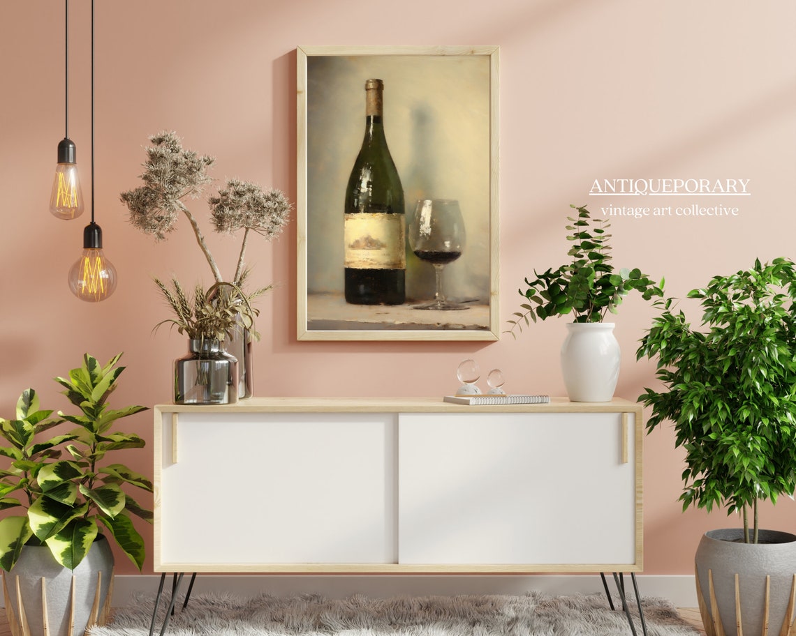 Red Wine Bottle and Filled Glass Vintage Kitchen Still Life Print - Image 6
