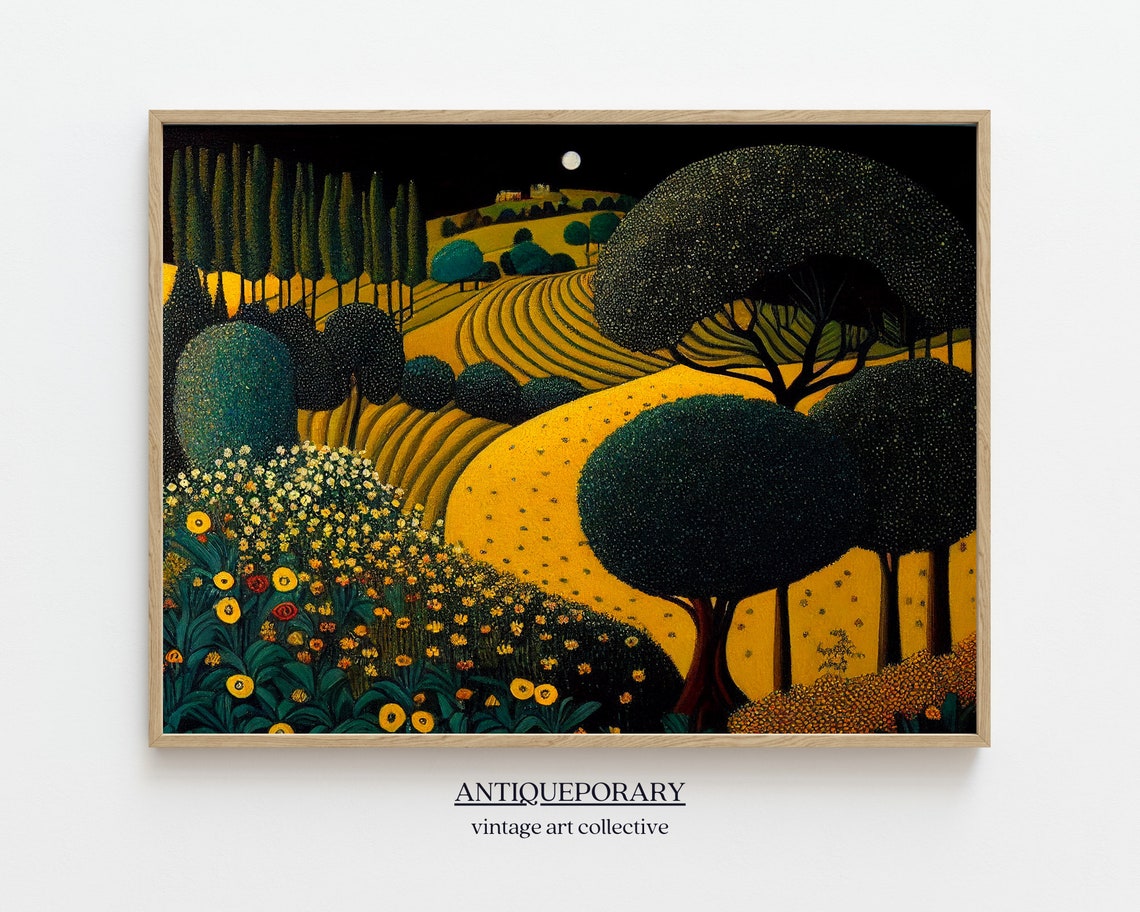 Moonlit Golden Hills with Cypress Trees Pointillist Landscape Poster