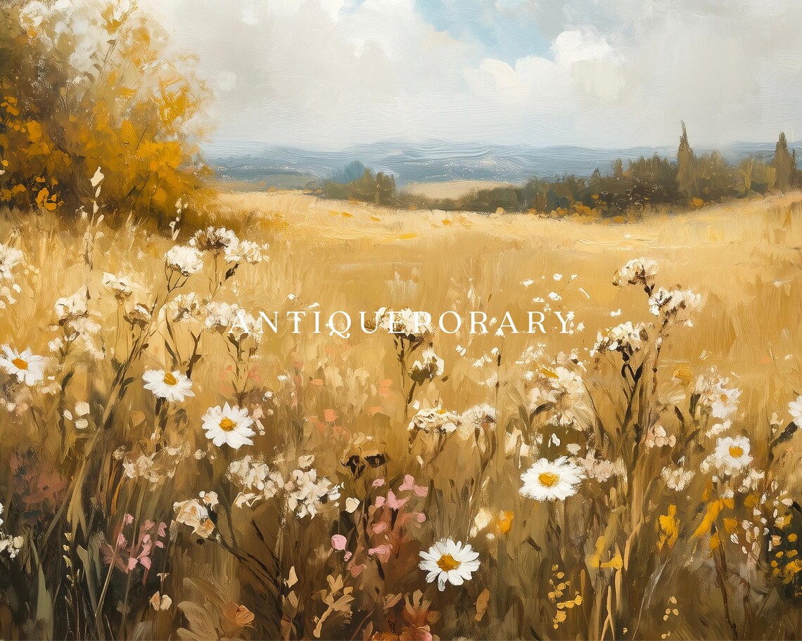 Wildflower Field Landscape Oil Painting Vintage Autumn Landscape Print Neutral Country Field Wall Art Nature - Image 2