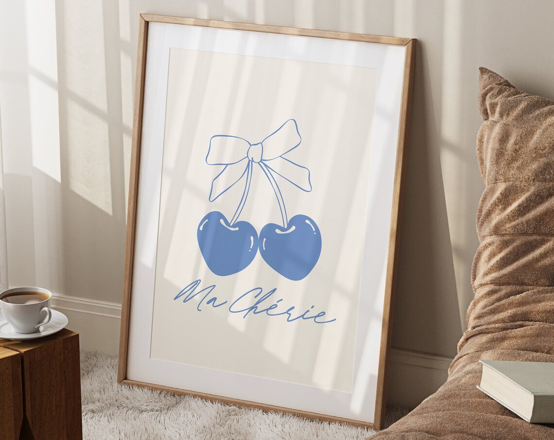 Sweet Ma Cherie Blue Cherry Bow French Script Coquette Art Poster