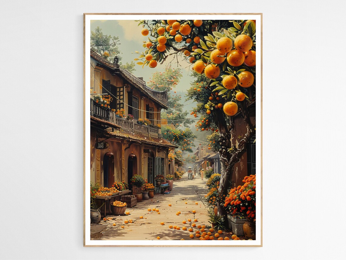 Hanoi Vietnam Street Watercolor Citrus Orange Trees Old Quarter Poster