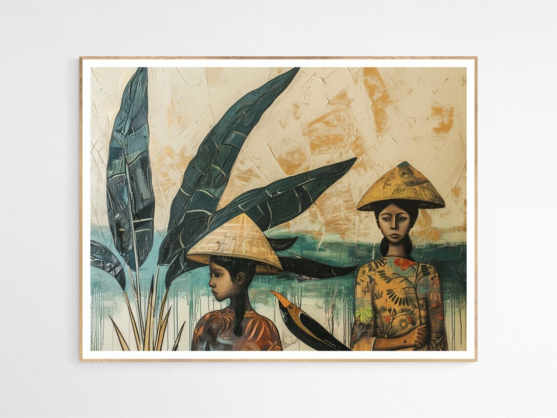 Filipino Women Conical Hats Hornbill Tropical Folk Art Poster