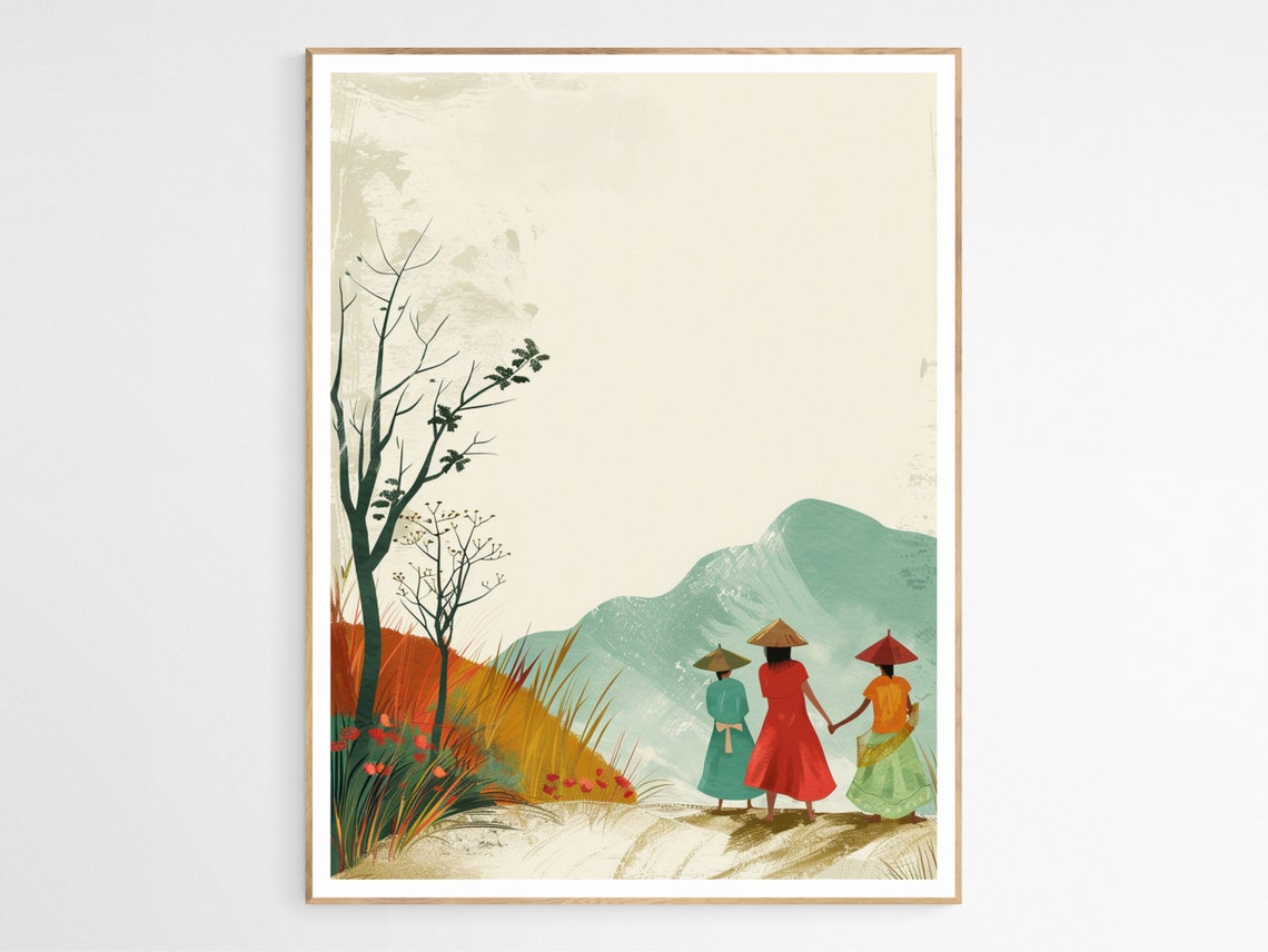 Filipino Villagers Walking Mountain Pathway Illustration Poster