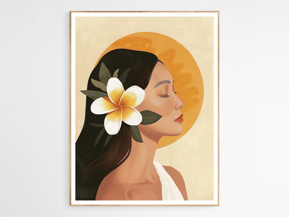 Filipina Woman Profile with Plumeria Flower Sunset Art Poster