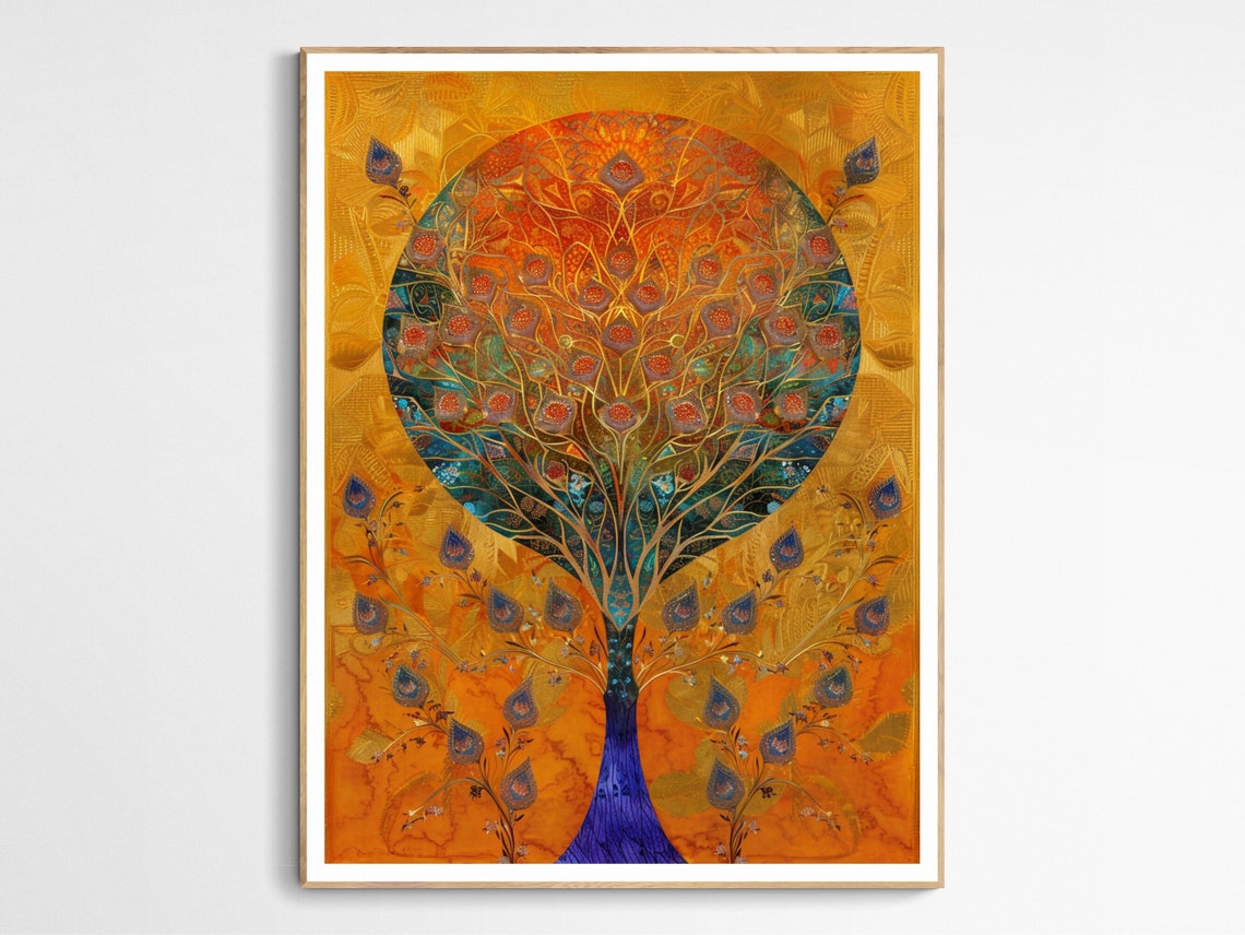 Ornate Peacock Feather Mandala Tree Glowing Golden Boho Art Poster