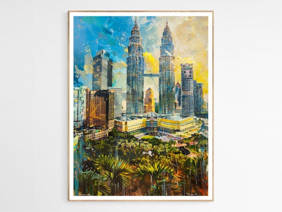 Petronas Twin Towers Daytime Skyline With Palm Trees Art Poster