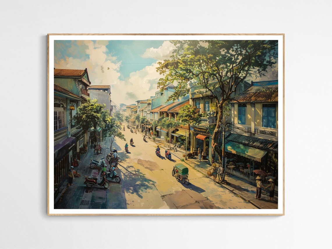 Hanoi Old Quarter Sunlit Street Scooters Vietnam City Art Print