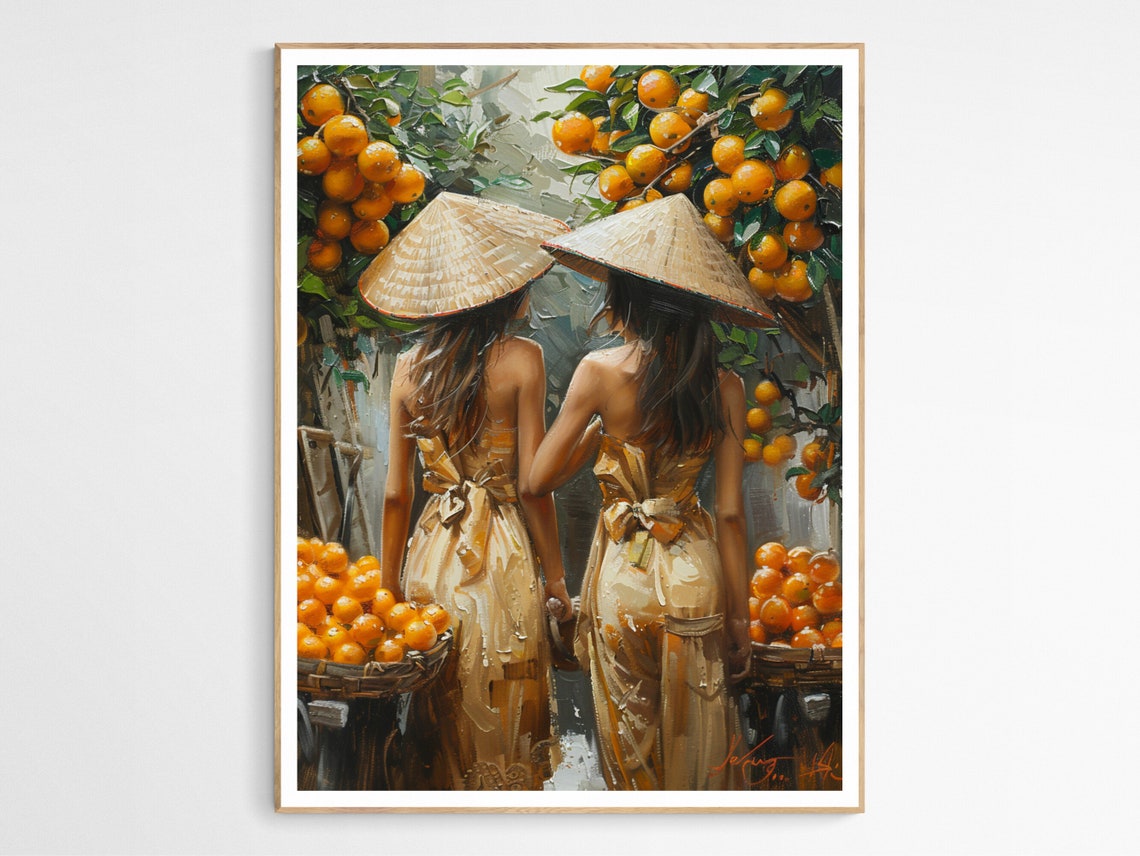 Two Vietnamese Women Orange Orchard Conical Hat Oil Painting Print