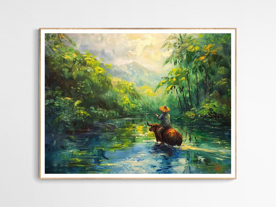 Farmer Riding A Carabao Across A Jungle River Painting Print