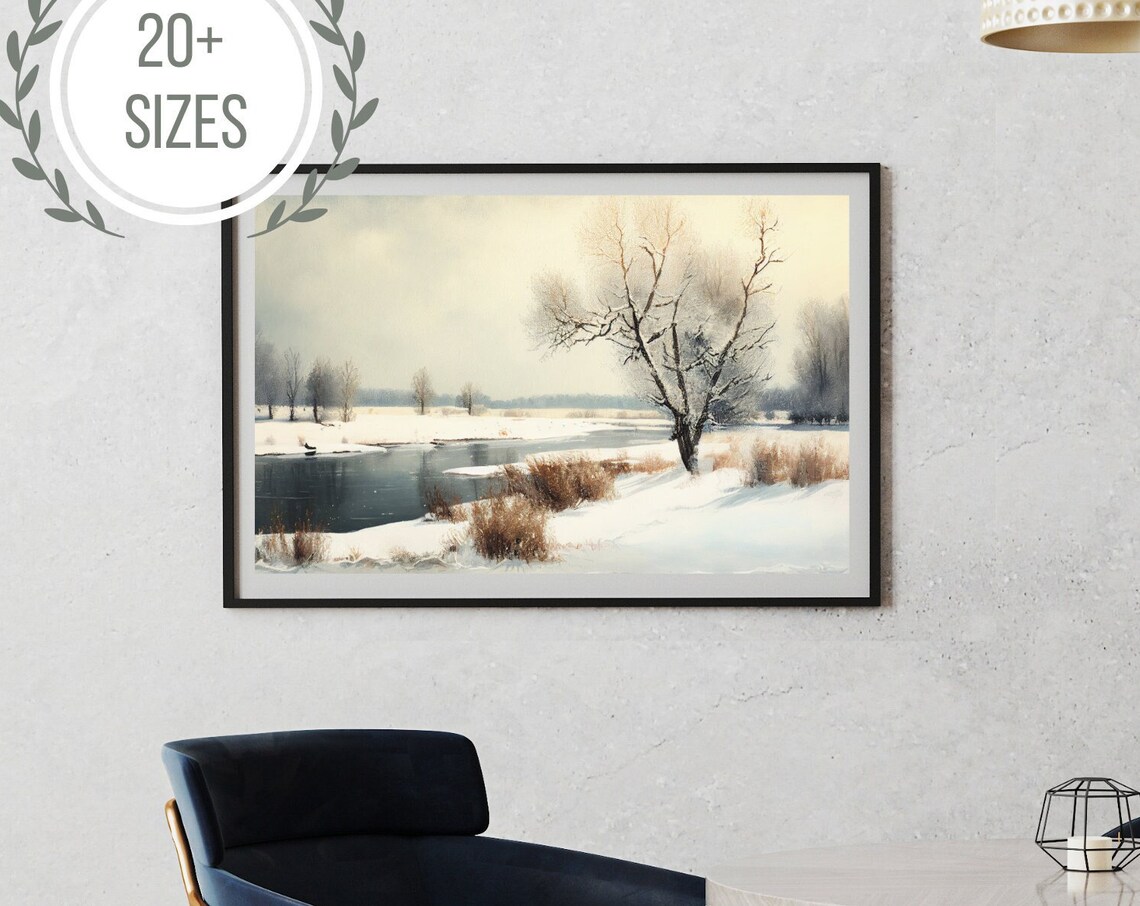 Snowy Winter River Landscape Frozen Stream Bare Trees Art Poster