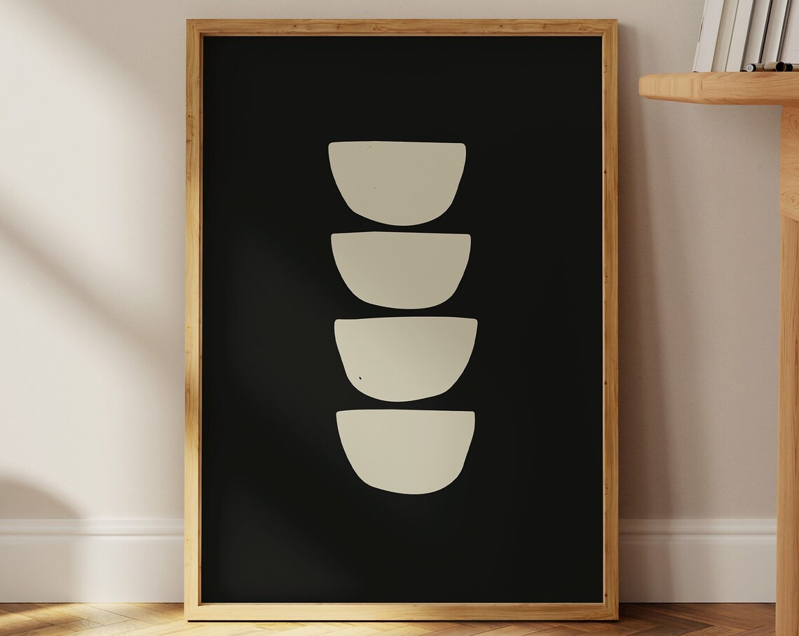 Black Abstract Stacked Bowls Mid Century Minimalist Gallery Wall Art - Image 3