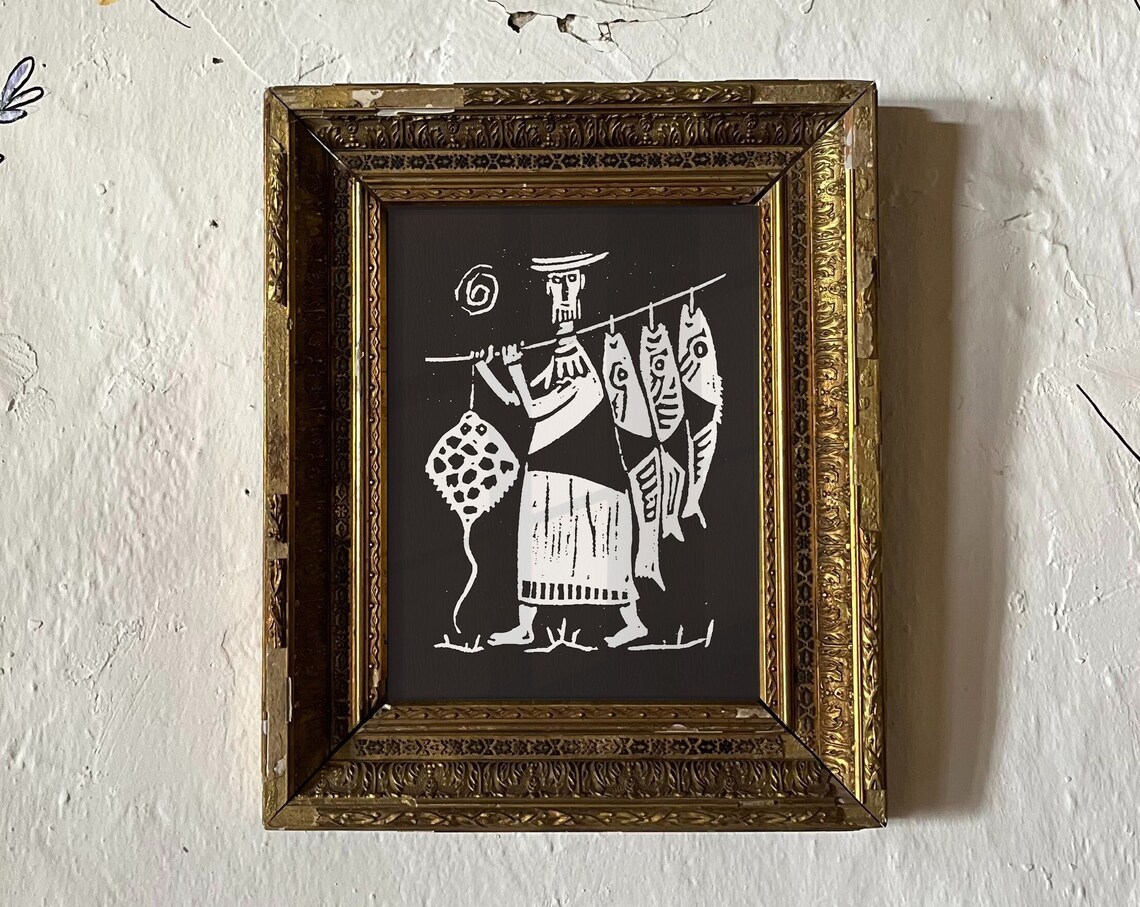Fisherman Black Woodcut Style Catch Hanging Fish Coastal Art Poster - Image 3