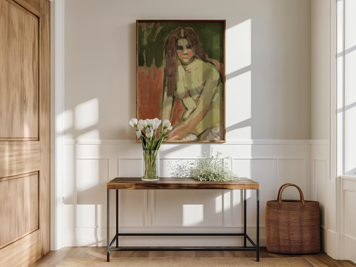 Vintage Seated Female Figure Modernist Oil Painting Art Poster - Image 3