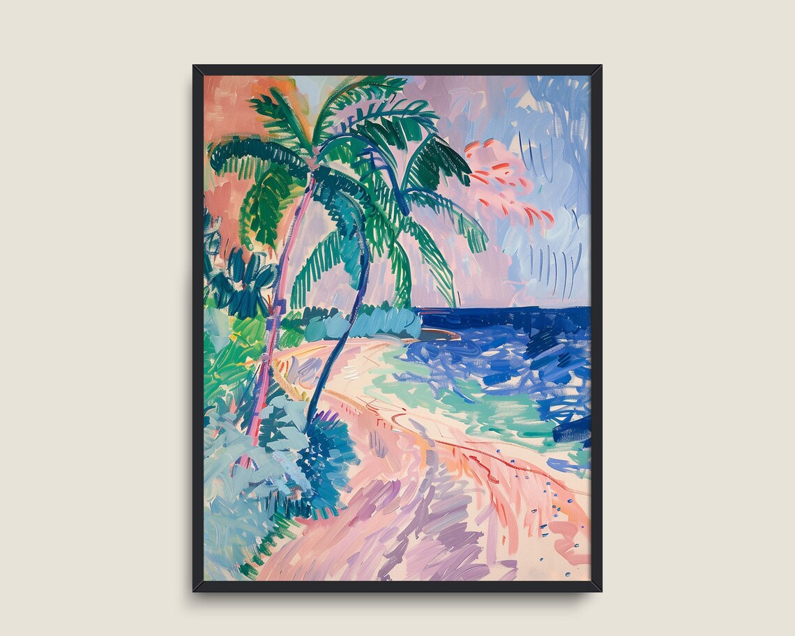Pink Tropical Beach Palm Trees Pastel Summer Island Coastal Art Travel Poster - Image 3