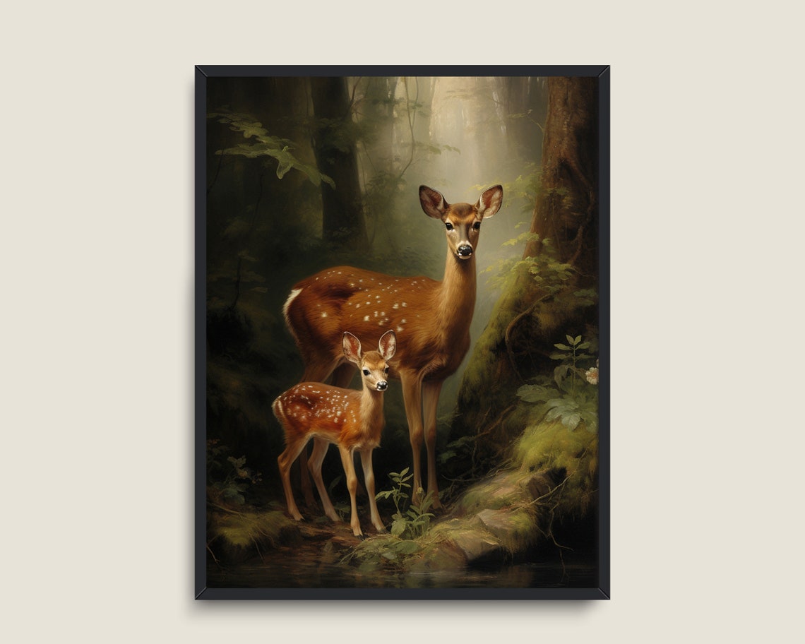 Doe Fawn Misty Forest Stream Vintage Wildlife Painting Wall Art Poster - Image 2