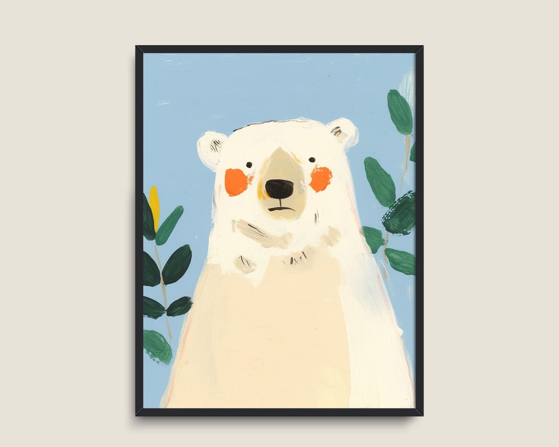 Cute Polar Bear Kids Painting Light Blue Nursery Animal Poster - Image 3