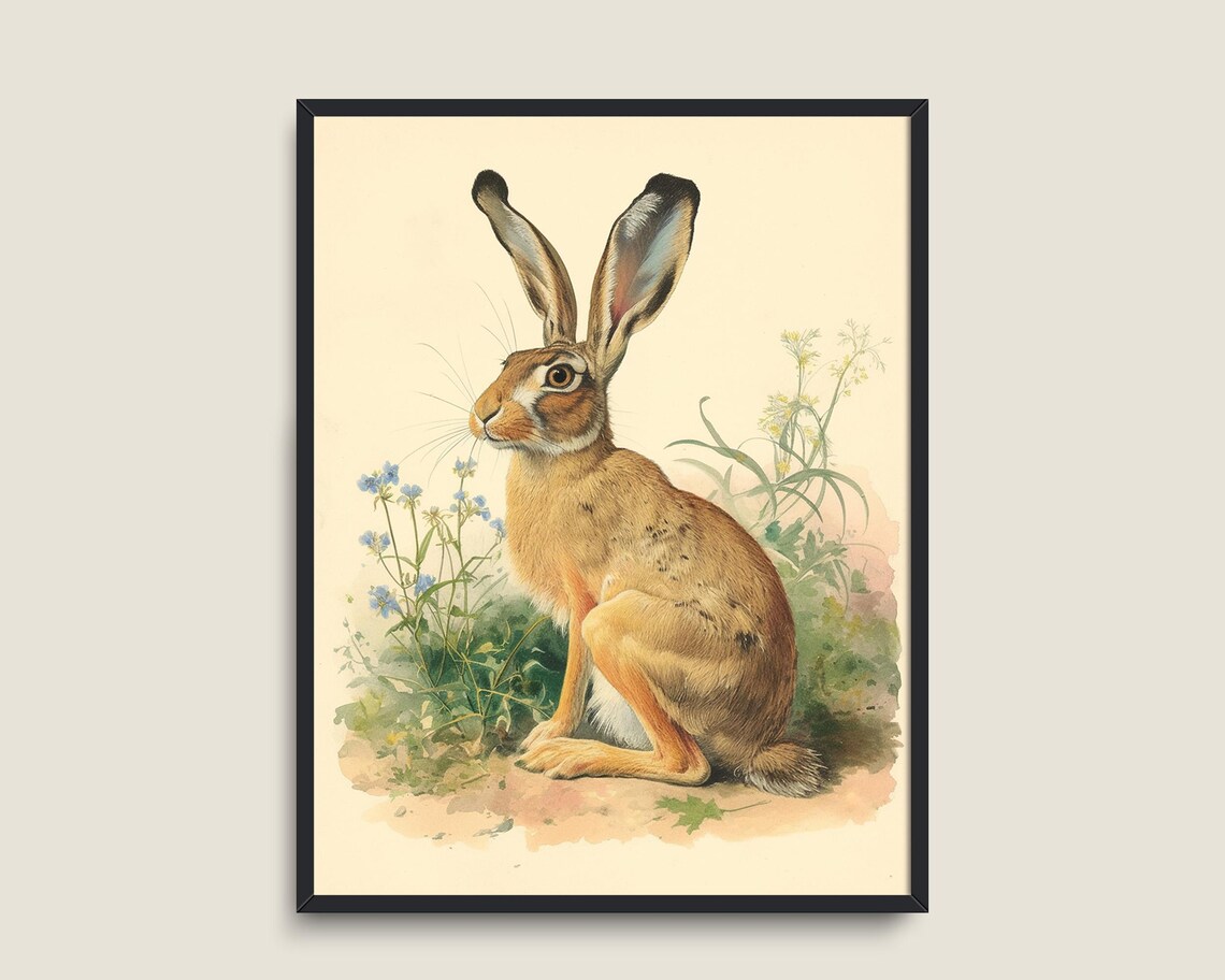 Hare Among Wildflowers Vintage Naturalist Illustration Farmhouse Bunny Wall Art - Image 3