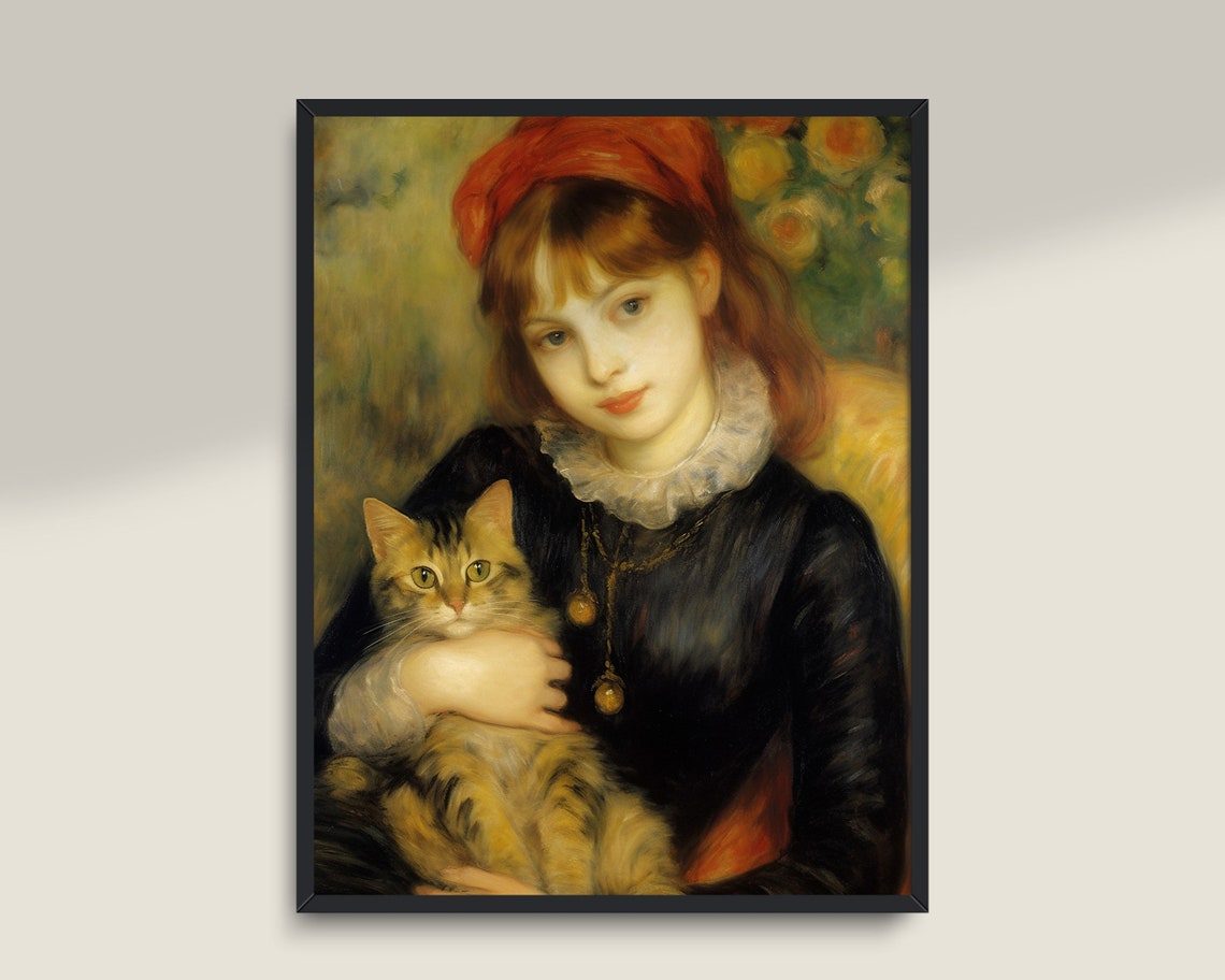 Woman With Cat Vintage Painting Light Academia Decor Antique Print Cat Wall Art Wall Art Woman Portrait Oil Painting - Image 3