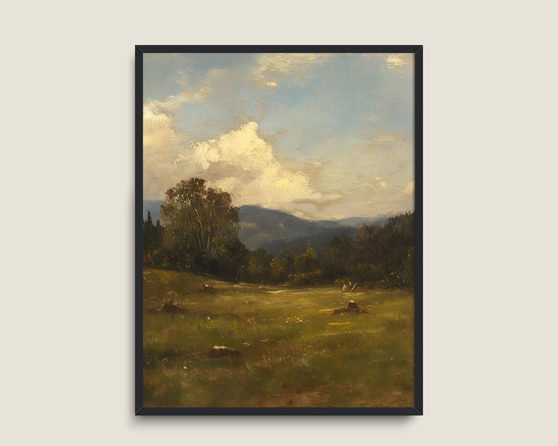 Sunlit Meadow Mountain Valley Cloudy Sky Vintage Landscape Poster - Image 3