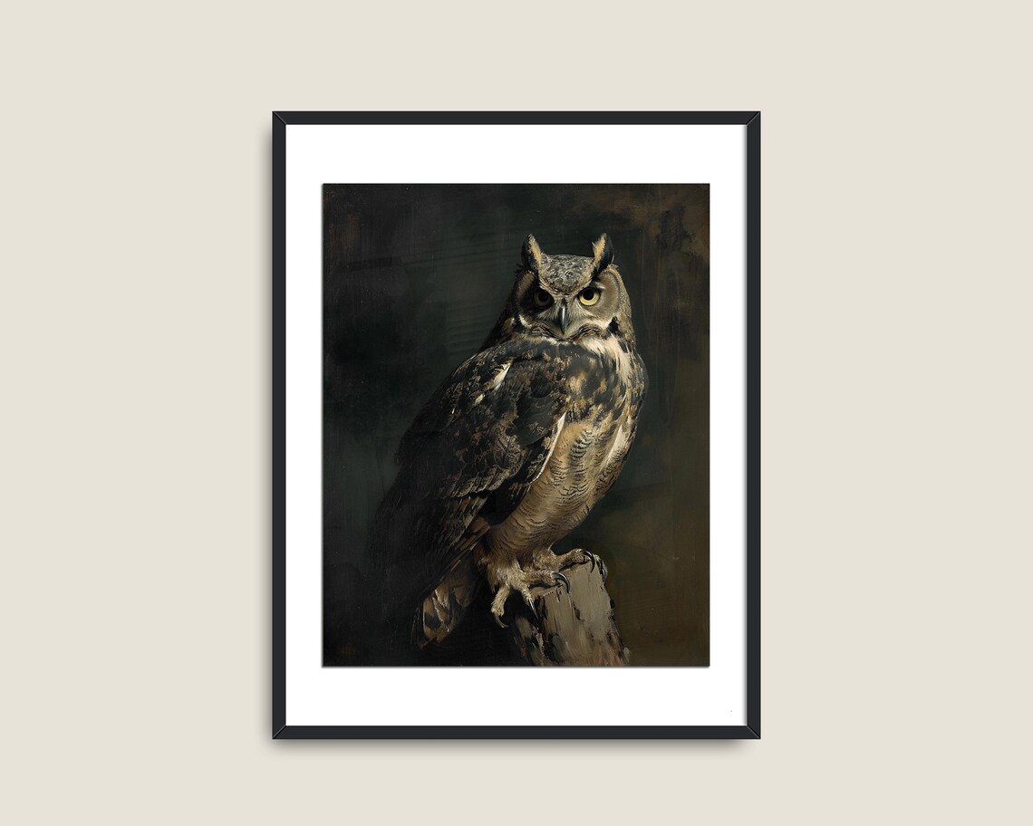 Great Horned Owl Perched On Stump Dark Moody Wildlife Bird Print - Image 2