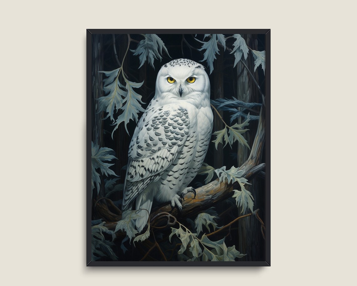 Snowy Owl Night Branch Blue Leaves Vintage Wildlife Portrait Print - Image 3