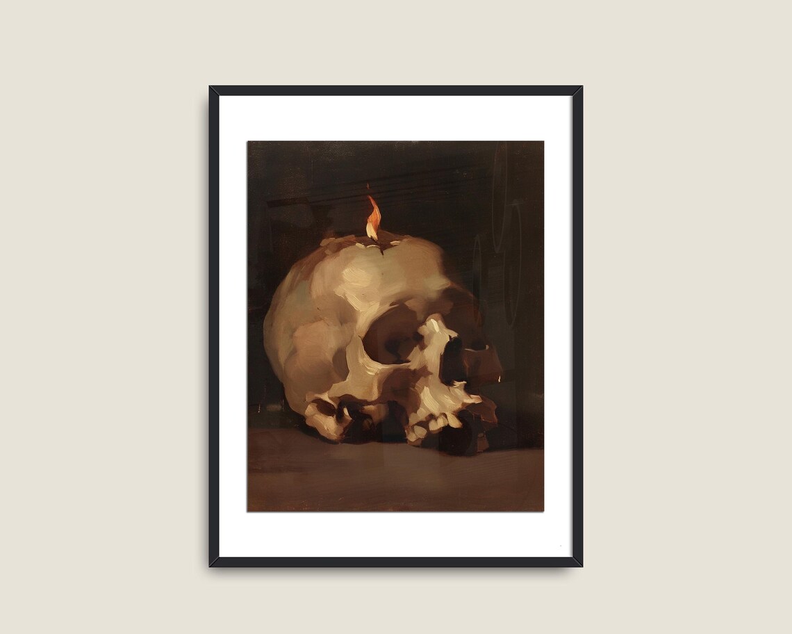 Human Skull With Burning Candle Flame Dark Gothic Still Life Poster - Image 2