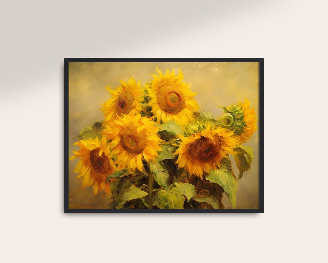 Golden Sunflowers Bouquet Vintage Oil Painting Farmhouse Floral Print - Image 3