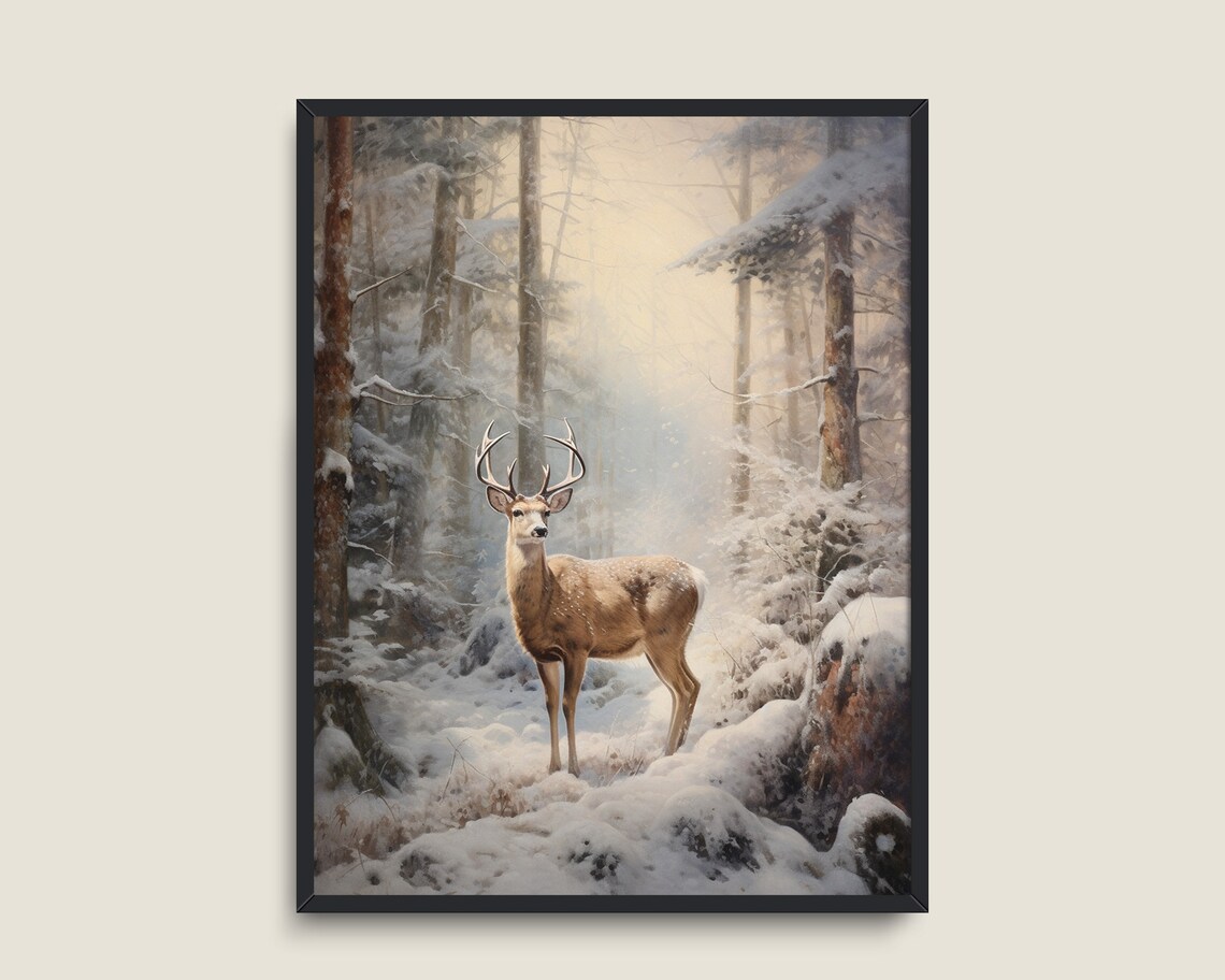 Deer Snowy Winter Forest Misty Vintage Christmas Wildlife Wall Art - Image 3