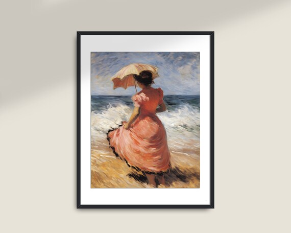 Woman Pink Dress Parasol Beach Waves Vintage Impressionist Art Poster