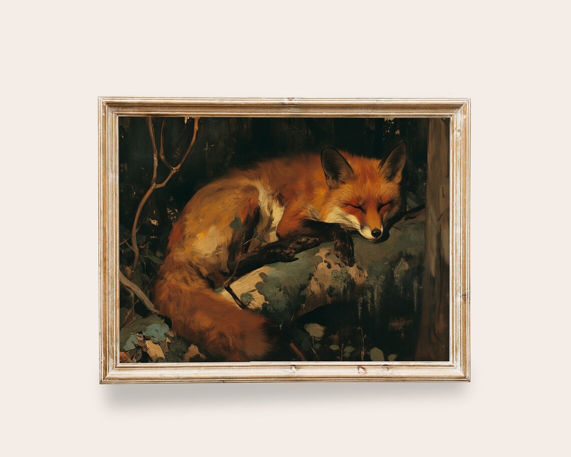 Sleeping Fox Vintage Animal Art Print, Rustic