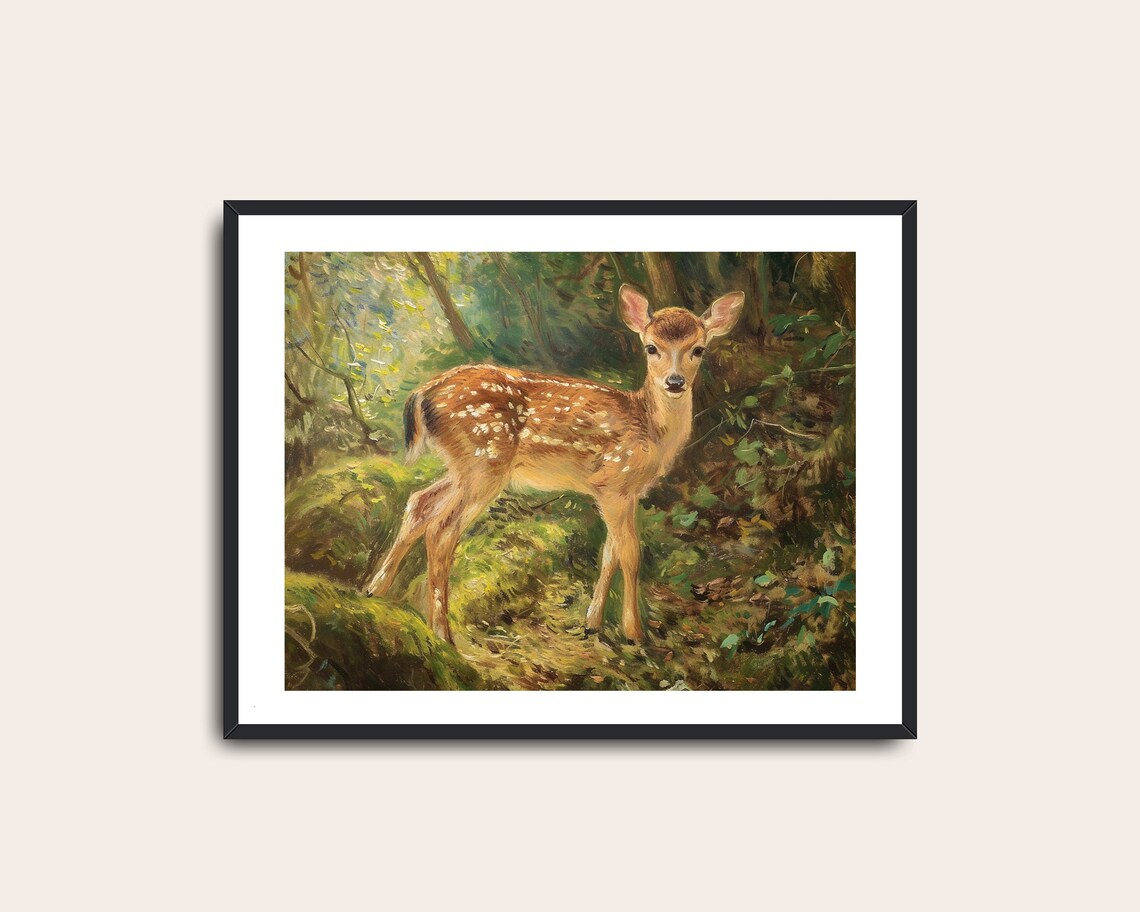 Spotted Fawn in Sunlit Forest Vintage Style Deer Painting Wall Print - Image 2