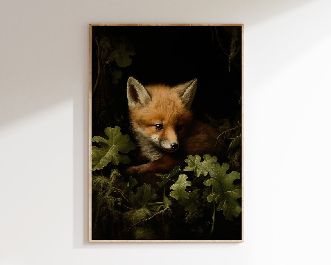 Baby Fox Cub Dark Woodland Moody Wildlife Painting Green Shadow Animal Art Poster - Image 3