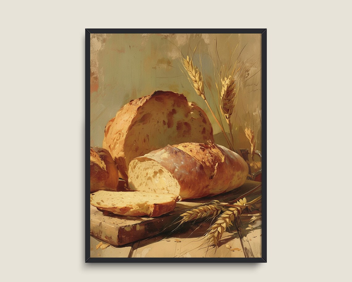 Rustic Bread Loaves Wheat Still Life Vintage Kitchen Painting Poster - Image 3