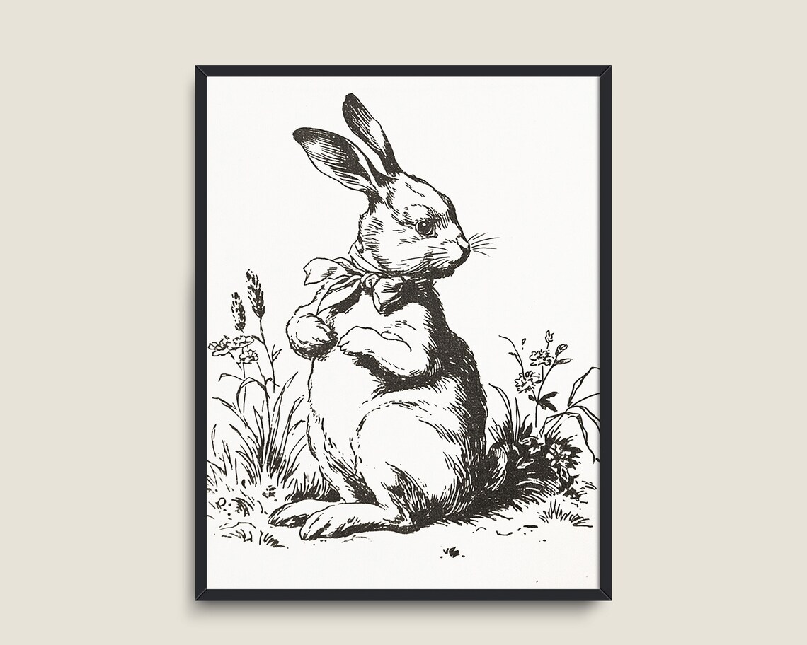 Bunny Bow Vintage Black Engraving Antique Rabbit Botanical Farmhouse Wall Art - Image 3