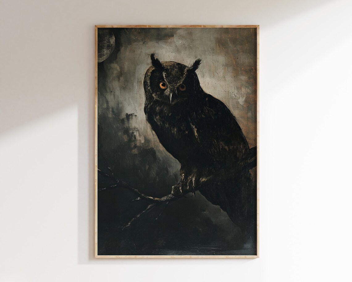 Black Great Horned Owl Night Branch Moonlit Moody Wildlife Print - Image 2