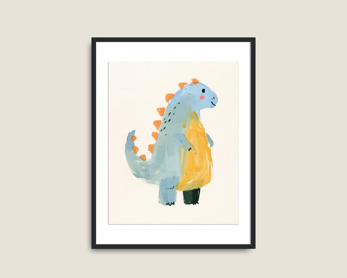 Cute Blue And Yellow Dinosaur Hand Painted Kids Nursery Wall Art - Image 2