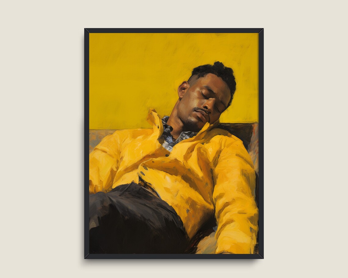 Sleeping Man In Yellow Jacket Bold Modern Portrait Painting Poster - Image 3