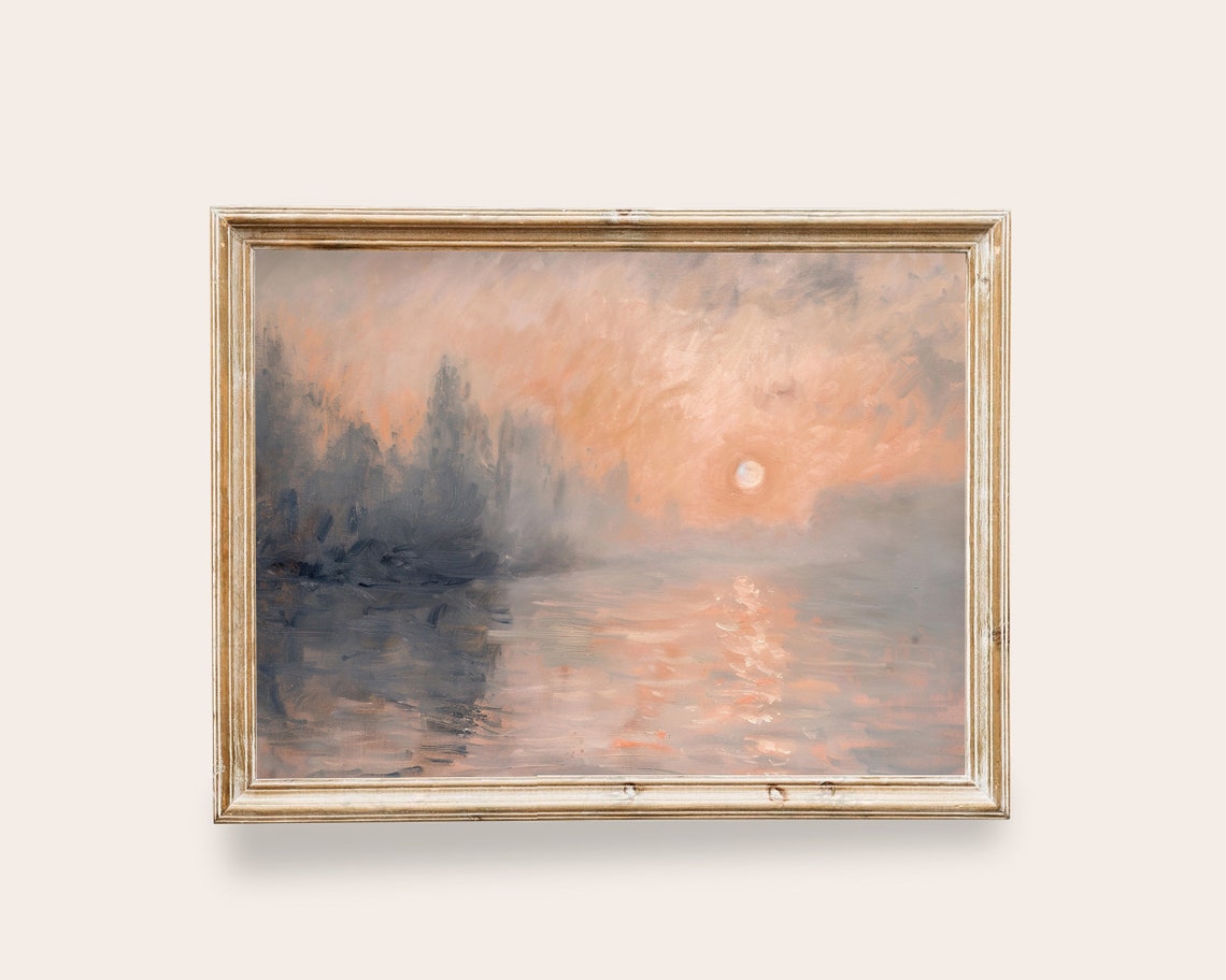 Impressionist Peach Sunset Misty River Reflection Landscape Print