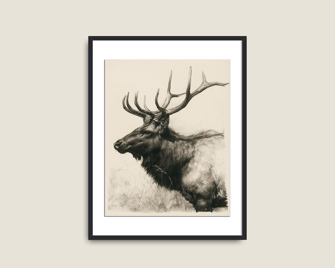 Elk Stag Antlers Monochrome Vintage Wildlife Sketch Wall Art Poster - Image 2
